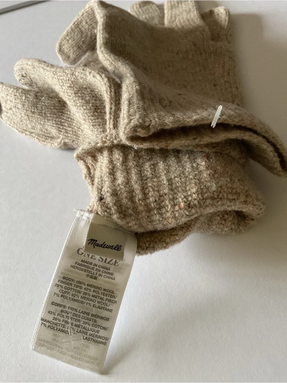 MADEWELL WOMENS MERINO WOOL KNIT GLOVES BEIGE HEATHER MARL NWOT